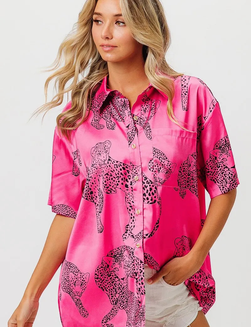 FUCHSIA BiBi Leopard Print Short Sleeve Silky Satin Shirt Top | Tops Daverri Fashions