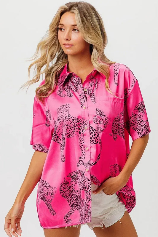 BiBi Leopard Print Short Sleeve Silky Satin Shirt Top - DAVERRI FASHIONS