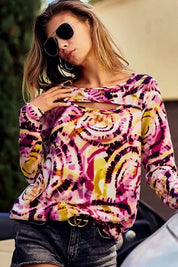 BiBi Print Tie Dye Rib Knit Top With Cut Out Neck | Tops Daverri Fashions