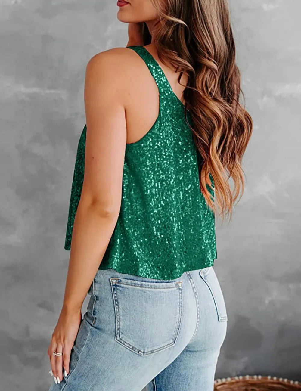 Dark Green Sequin Scoop Neck Tank | Tank Tops Daverri Fashions