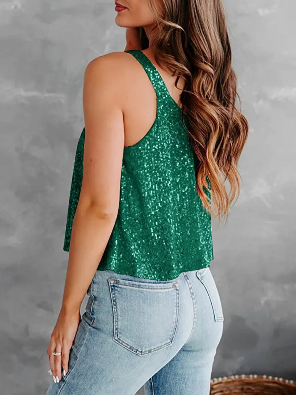 Dark Green Sequin Scoop Neck Tank | Tank Tops Daverri Fashions