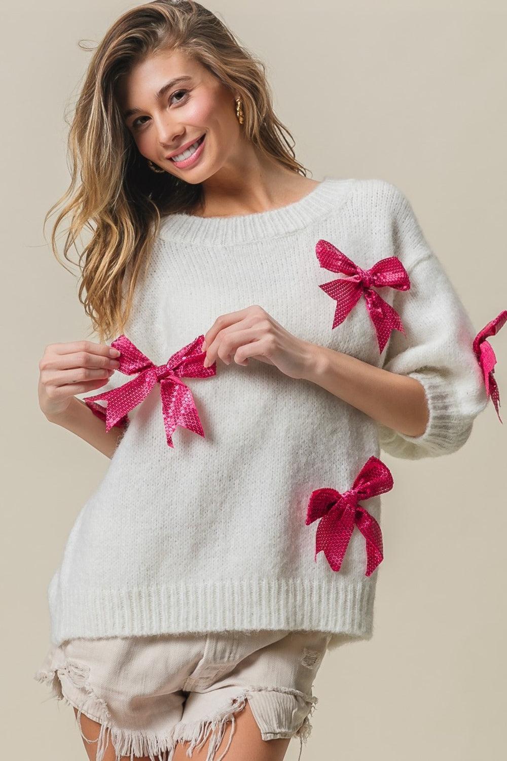 BiBi Sequin Bow Puff Sleeve Sweater | Sweaters Daverri Fashions