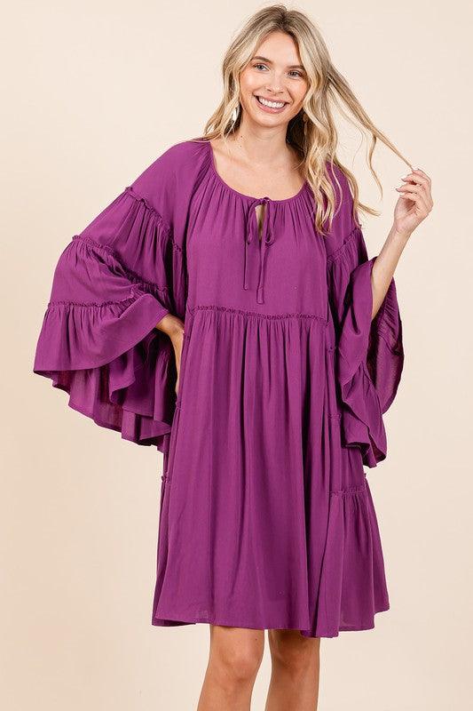 Mittoshop Frill Tie Neck Bell Sleeve Dress | Midi Dresses Daverri Fashions