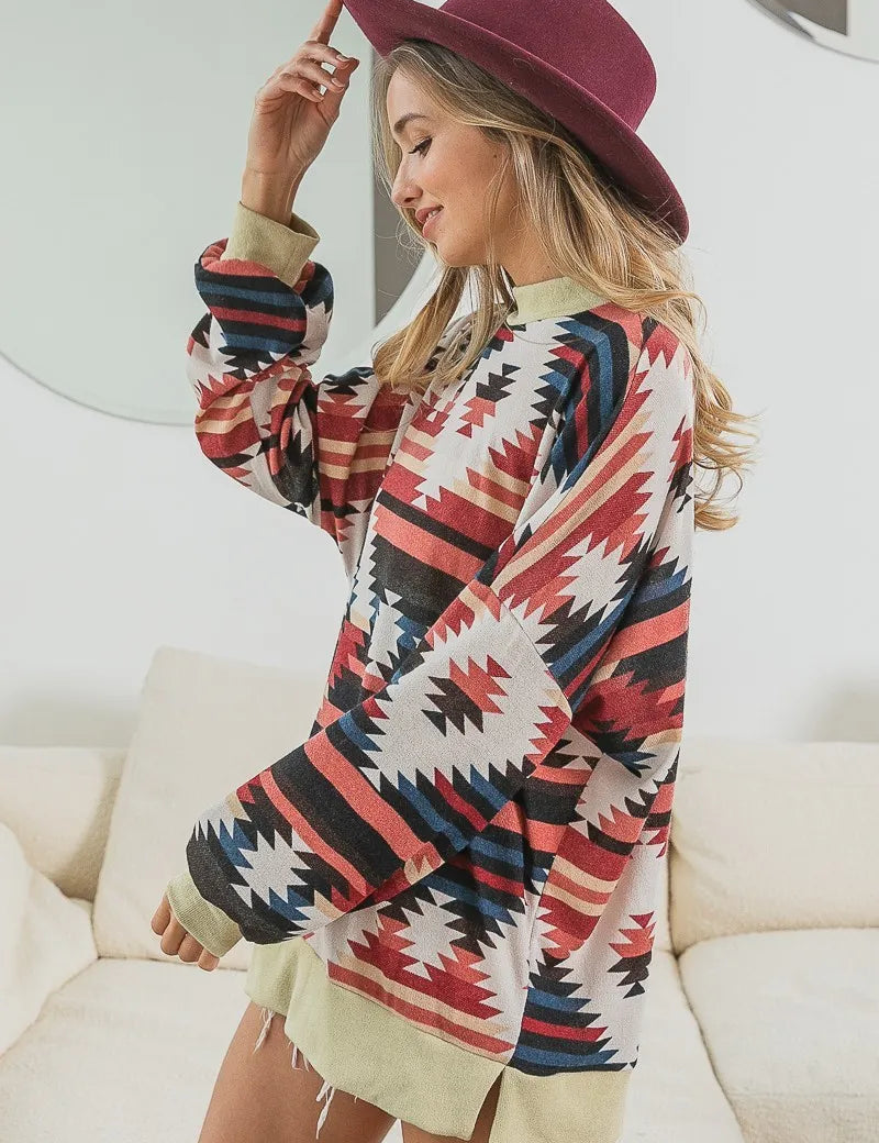 BiBi Aztec Print Mirr Mock Neck Lslv Top | Tops Daverri Fashions