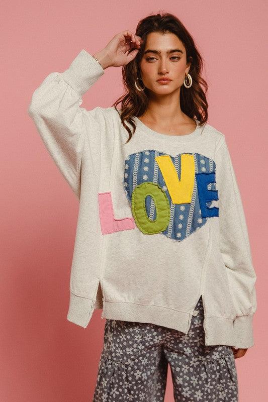 BiBi LOVE Heart Patch Slit French Terry Sweatshirt | Sweatshirts Daverri Fashions