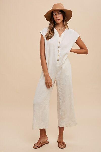 Annie Wear Button Detail Wide Leg Jumpsuit with Pockets | Daverri Fashions