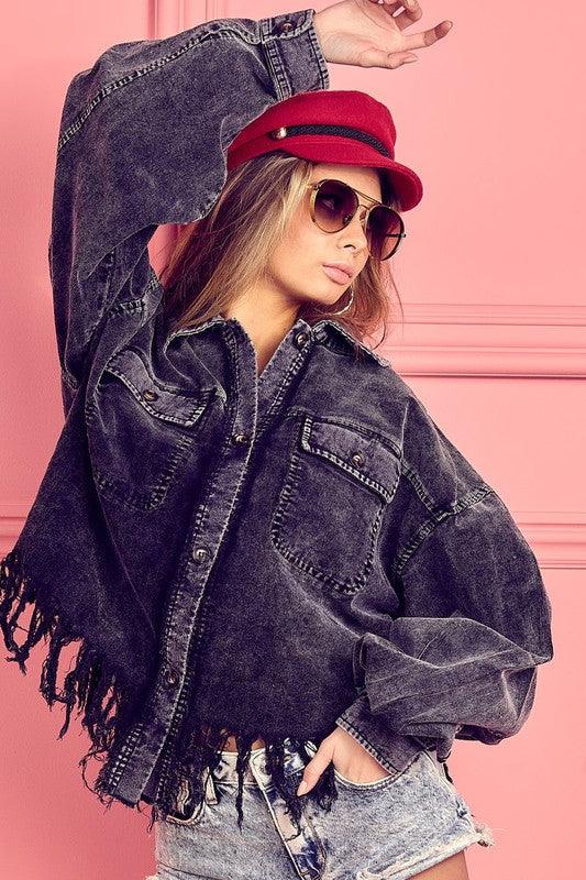 BiBi Fringe Hem Washed Corduroy Button Down Shacket | Daverri Fashions