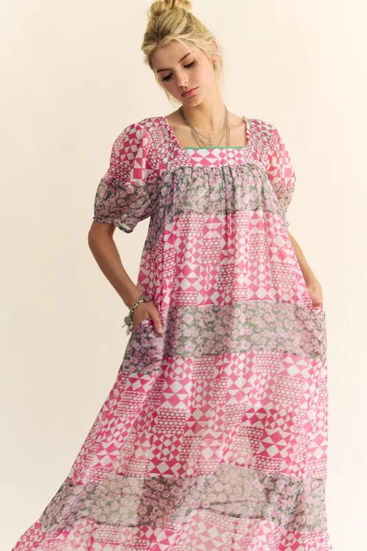 Davi & Dani Multi Floral Square Neck Puff Sleeve Maxi Dress | Maxi Dresses Daverri Fashions