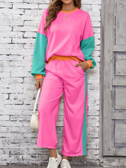 Hot Pink Color Block Round Neck Top and Pants Set | Loungewear Sets Daverri Fashions