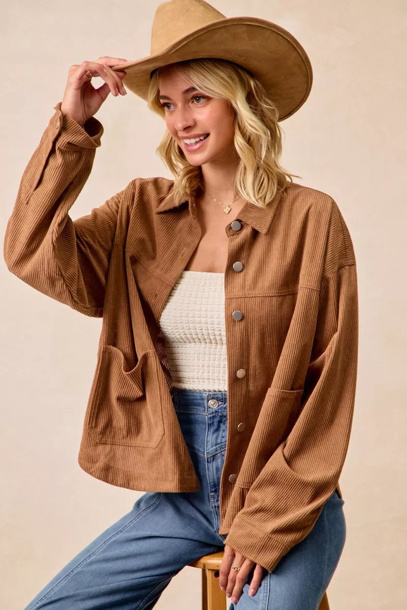 BiBi Corduroy Relaxed Fit Shacket with Back Pleat | Shackets Daverri Fashions