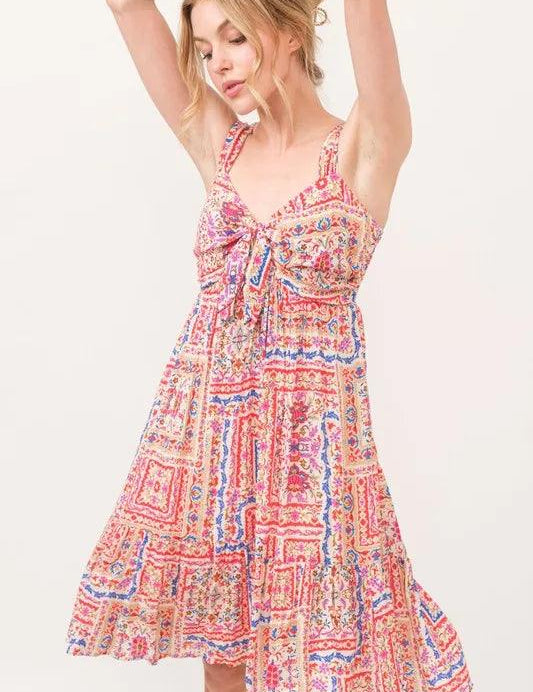 And The Why Tied Front Smocked Back Tiered Boho Printed Dress | Knee Length Dresses Daverri Fashions
