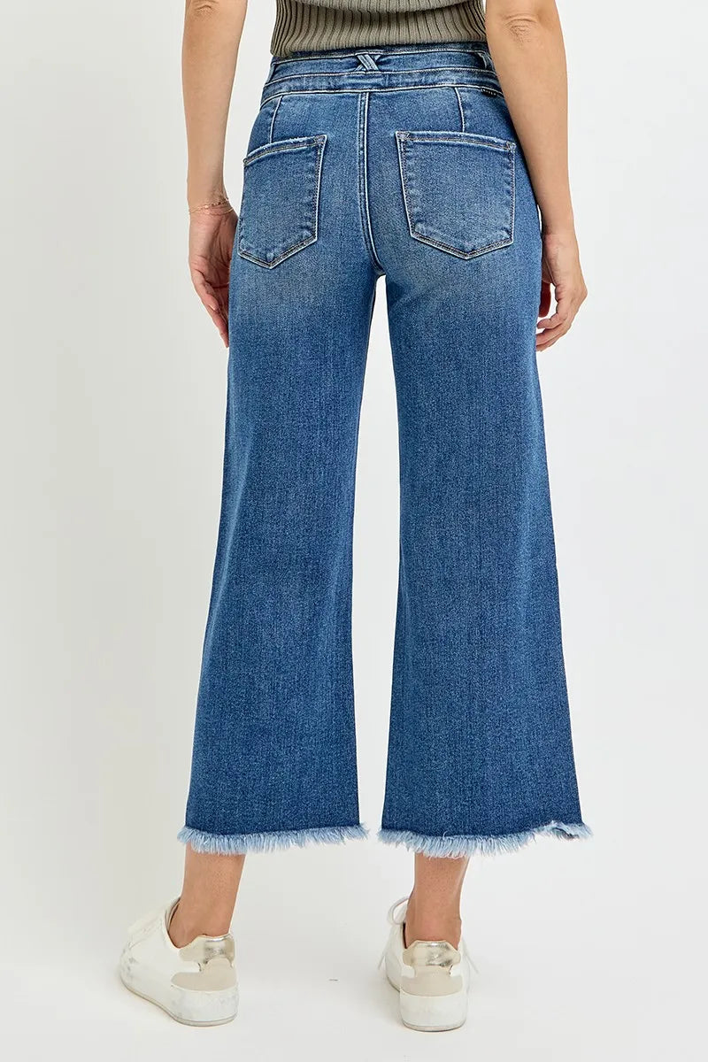 RISEN High Rise Crop Wide Leg Jeans with Wide Band Detail | Jeans Daverri Fashions