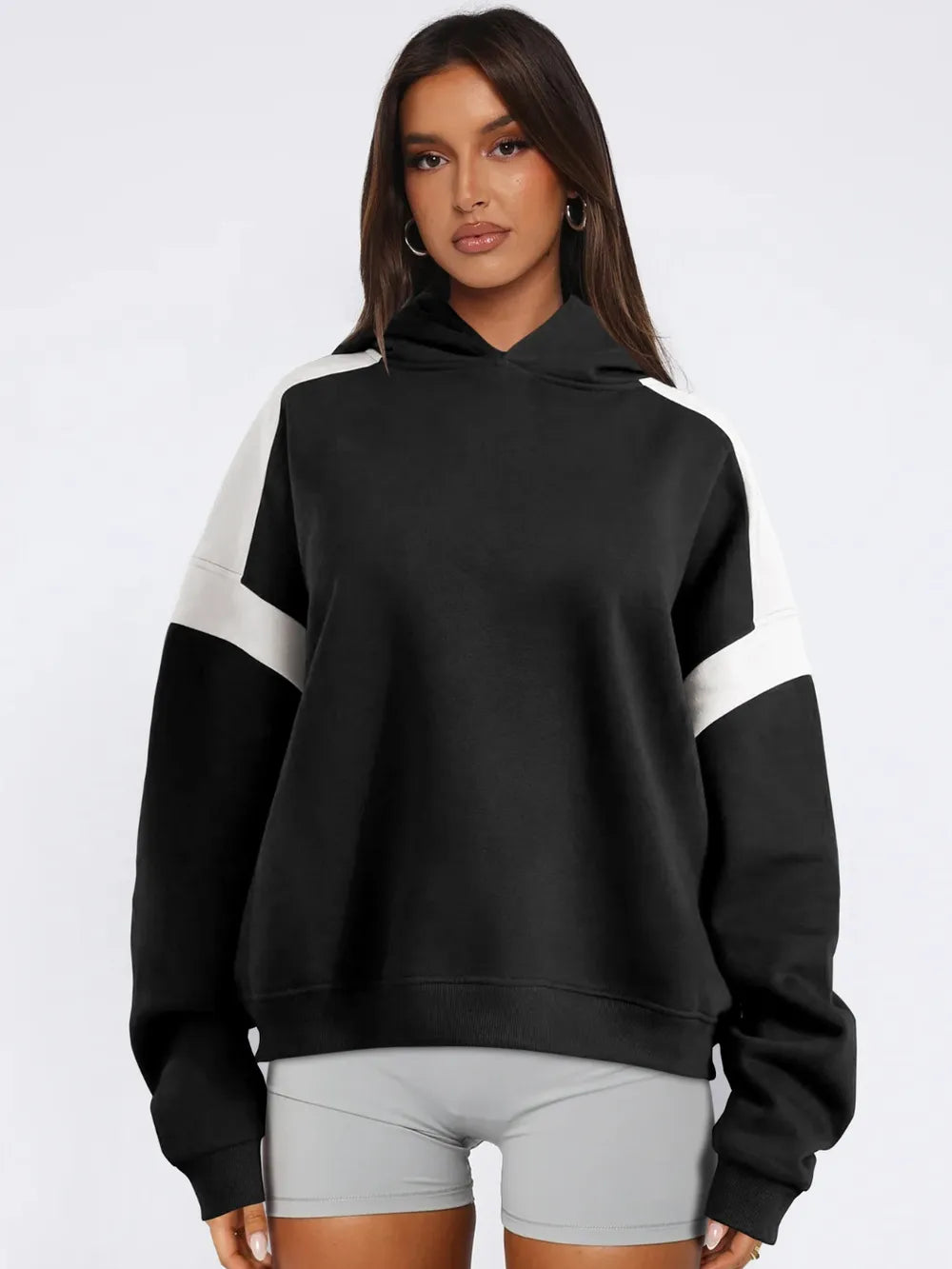 Black Contrast Dropped Shoulder Long Sleeve Hoodie | Sweatshirts Daverri Fashions