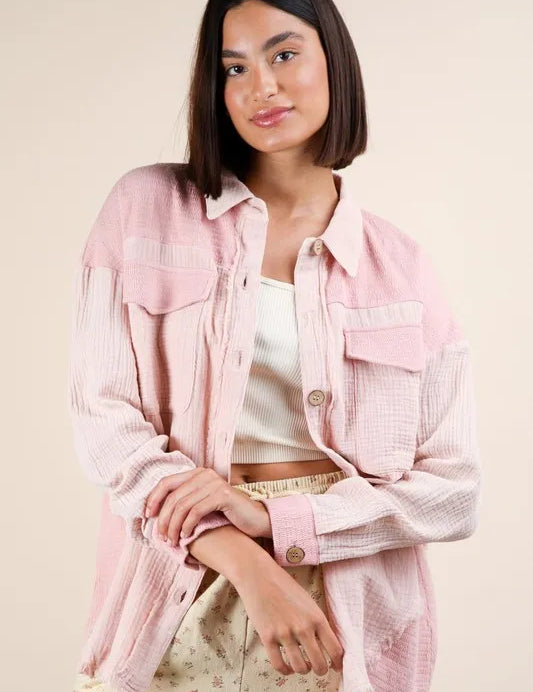 VERY J Mineral Washed Oversized Gauze Shacket | Shackets Daverri Fashions