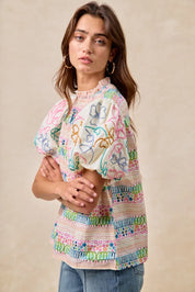 BiBi Ruffle Neckline Blouse With Embroidery Bubble Sleeve | Daverri Fashions