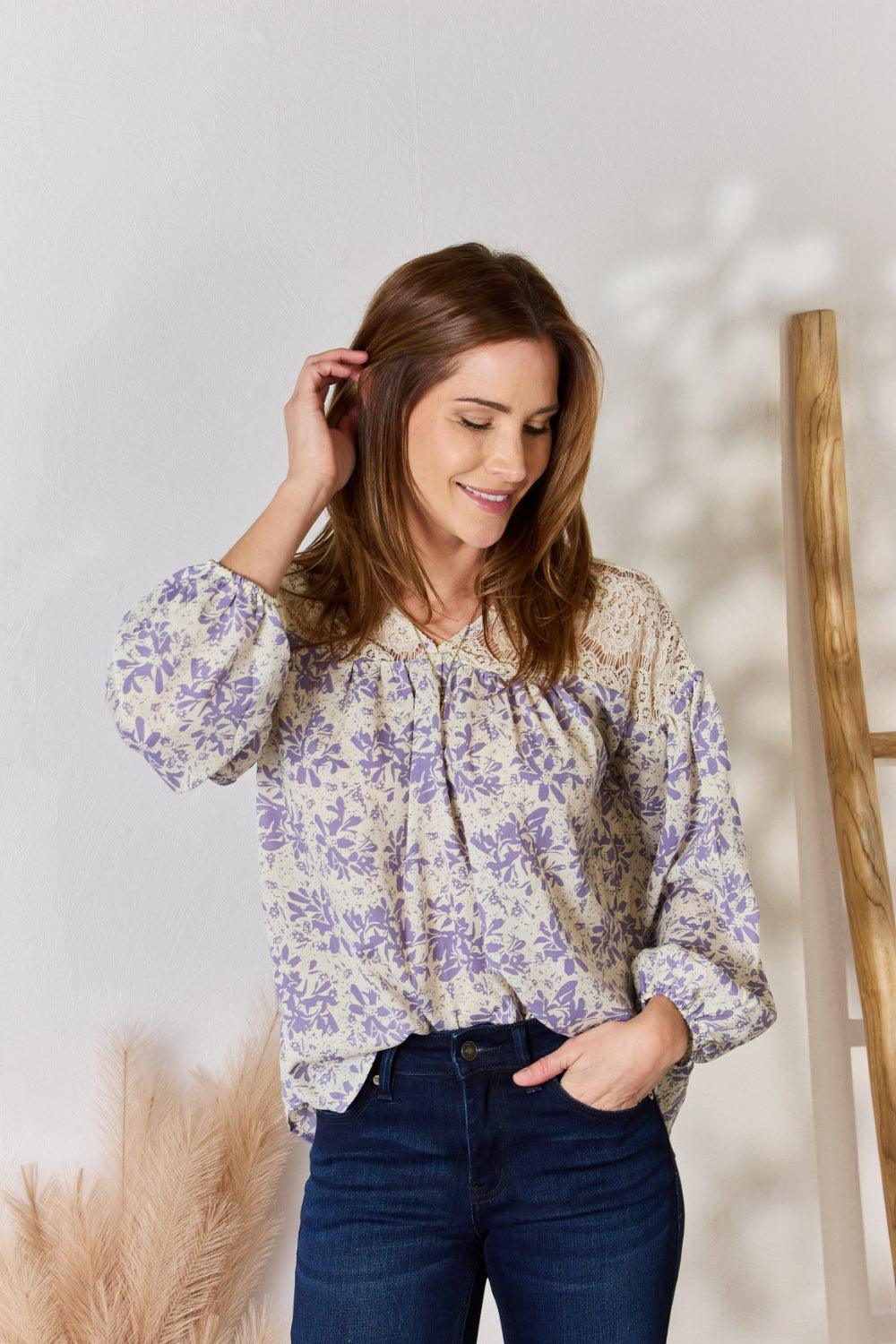 Hailey & Co Full Size Lace Detail Printed Blouse | Blouses Daverri Fashions