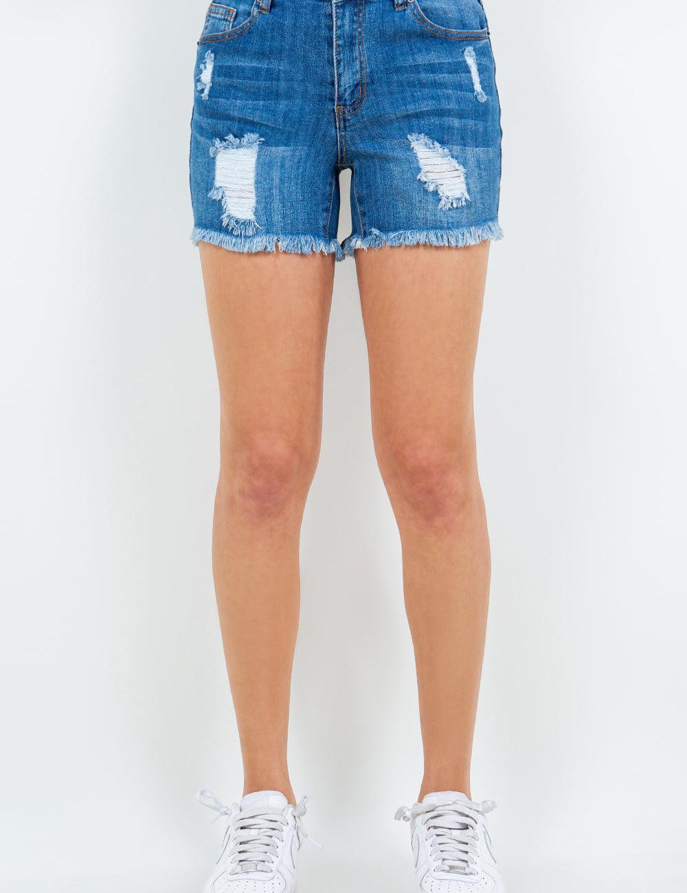 Blue High Waist Distressed Frayed Denim Shorts | Shorts Daverri Fashions