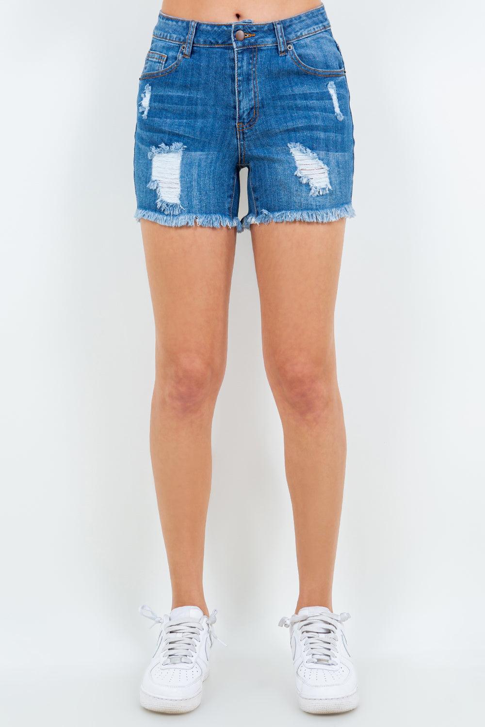 Blue High Waist Distressed Frayed Denim Shorts | Shorts Daverri Fashions