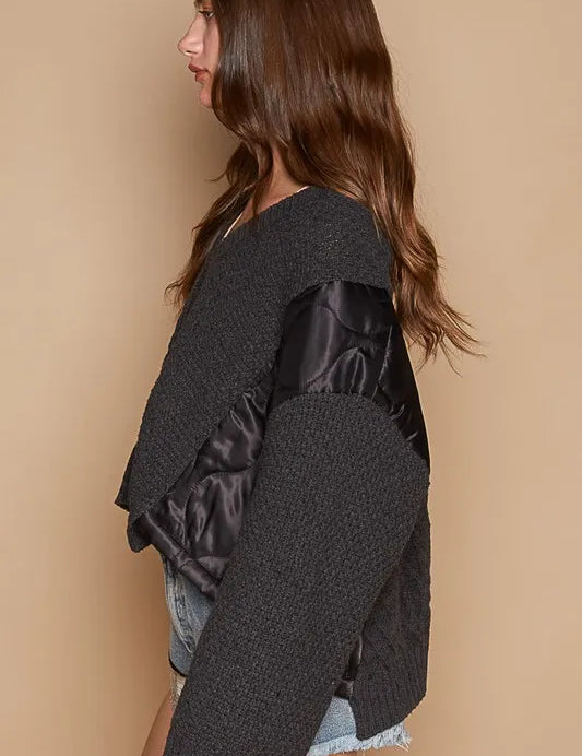 POL Cable Knit Quilting Patch V-Neck Sweater Black | Sweaters Daverri Fashions