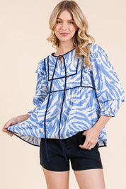 Lime 'N' Chili Graphic Print Solid Trim Quarter Sleeve Blouse | Daverri Fashions
