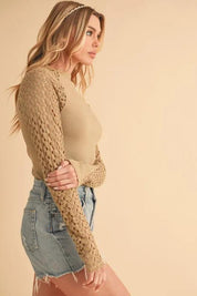 Aemi+Co Mock Neck Ribbed Knit Top with Crochet Sleeve | Tops Daverri Fashions