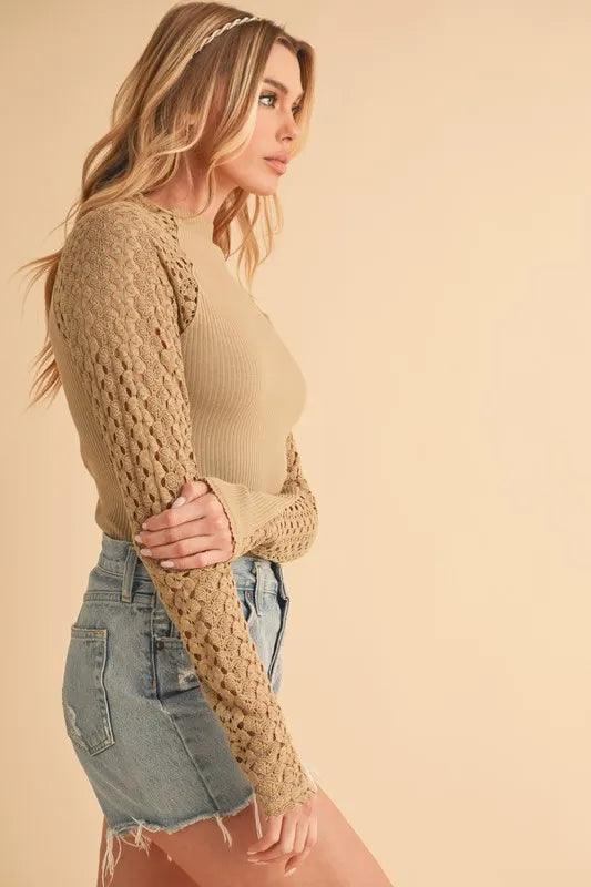 Aemi+Co Mock Neck Ribbed Knit Top with Crochet Sleeve | Tops Daverri Fashions