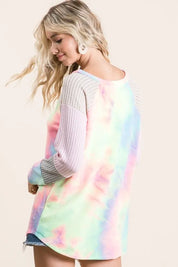 BiBi Tie Dye Terry Top With Color Block Pointelle Knit | Tops Daverri Fashions