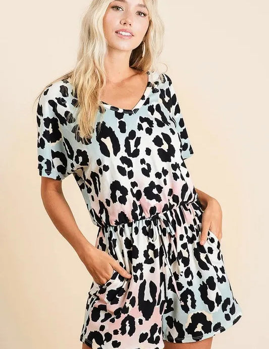 BiBi Gradation Leopard Soft Knit V-neck Romper | Rompers Daverri Fashions