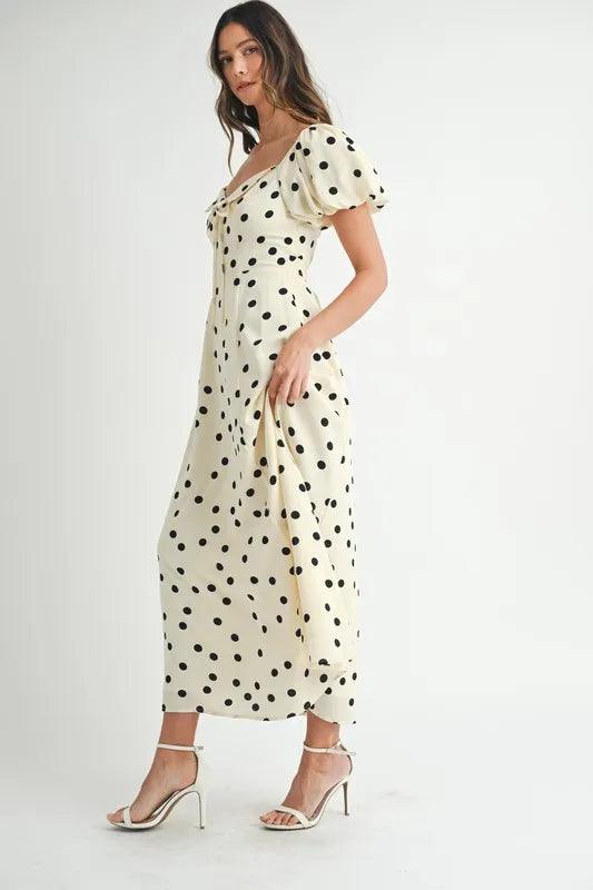 MABLE Polka Dot Puff Sleeve Midi Dress | Daverri Fashions