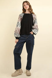 VERY J Printed Long Sleeve Round Neck Knit Top | Knit Tops Daverri Fashions