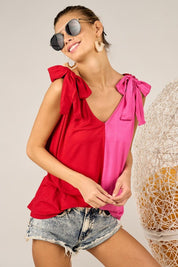 BiBi Shoulder Ribbon Tied Contrast Tank | Tank Tops Daverri Fashions