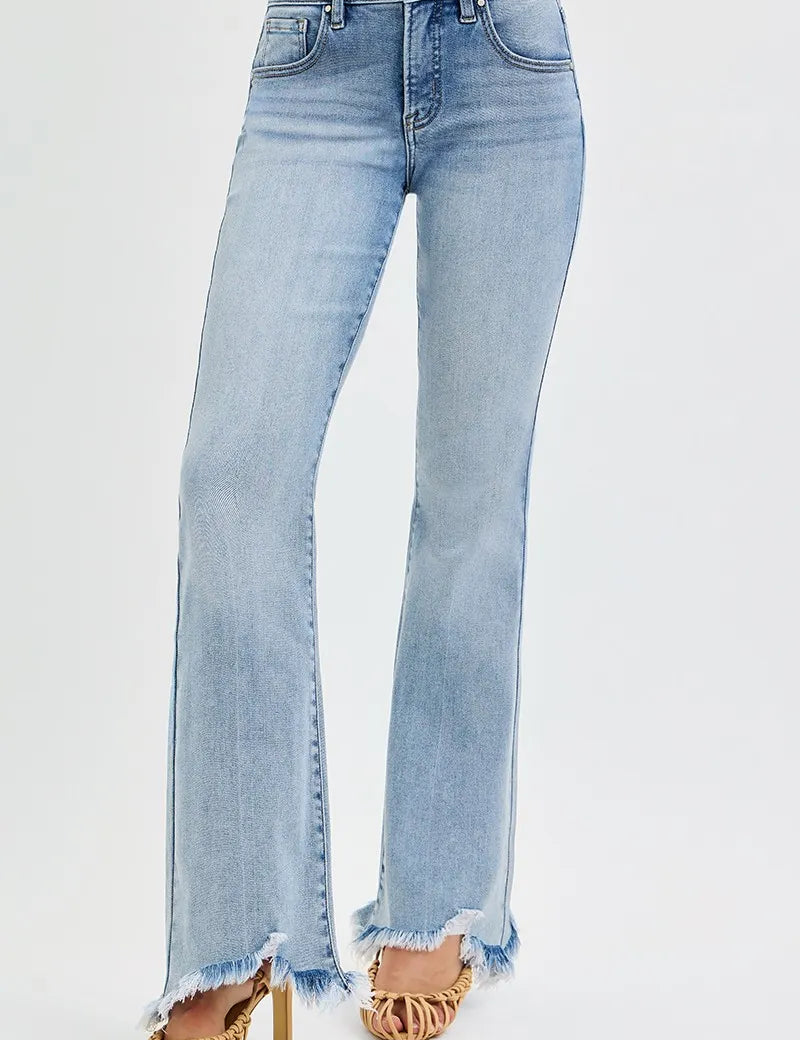 RISEN Full Size Tummy Control Mid Rise Flare Jeans with Fray Hem Detailed Plus Size | Jeans Daverri Fashions