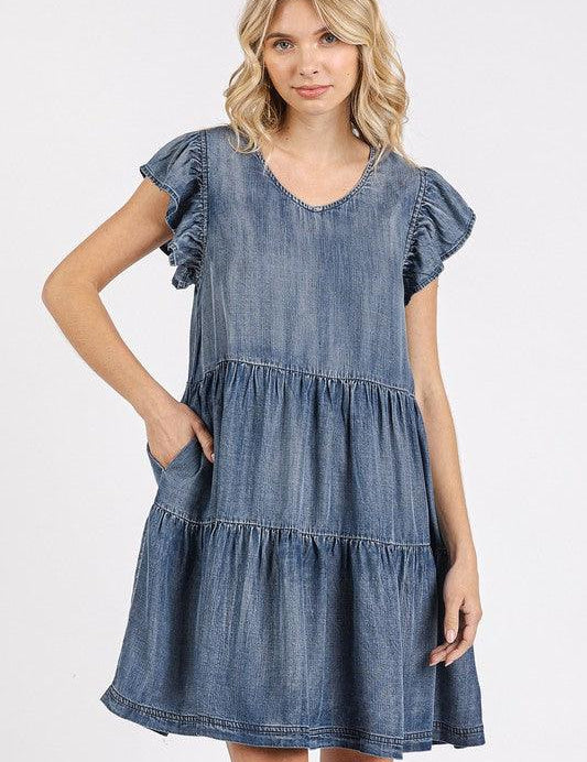 DK DENIM M Mittoshop V-Neck Ruffled Cap Sleeve Mini Dress | Mini Dresses Daverri Fashions