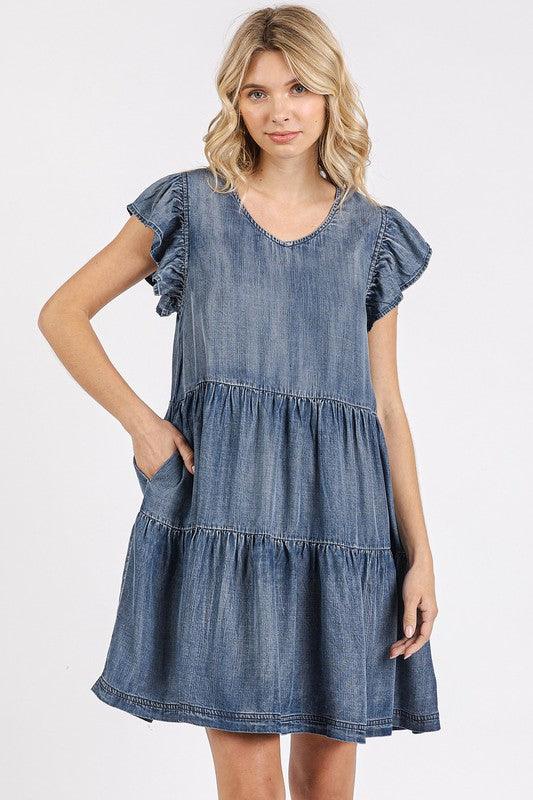 DK DENIM M Mittoshop V-Neck Ruffled Cap Sleeve Mini Dress | Mini Dresses Daverri Fashions
