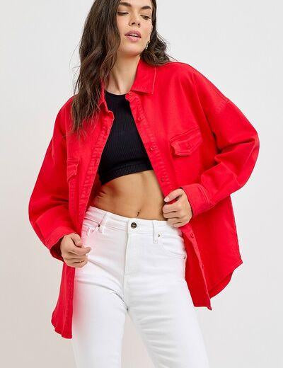 RISEN Button Down Long Sleeve Denim Shacket with Chest Pockets | Daverri Fashions