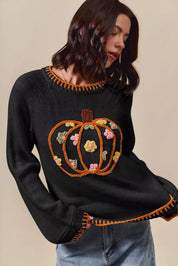 BLACK SO ME Pumpkin Floral Embroidered Thanksgiving Sweater | Sweaters Daverri Fashions