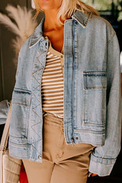 Zip Up Drop Shoulder Denim Jacket | Denim Jackets Daverri Fashions