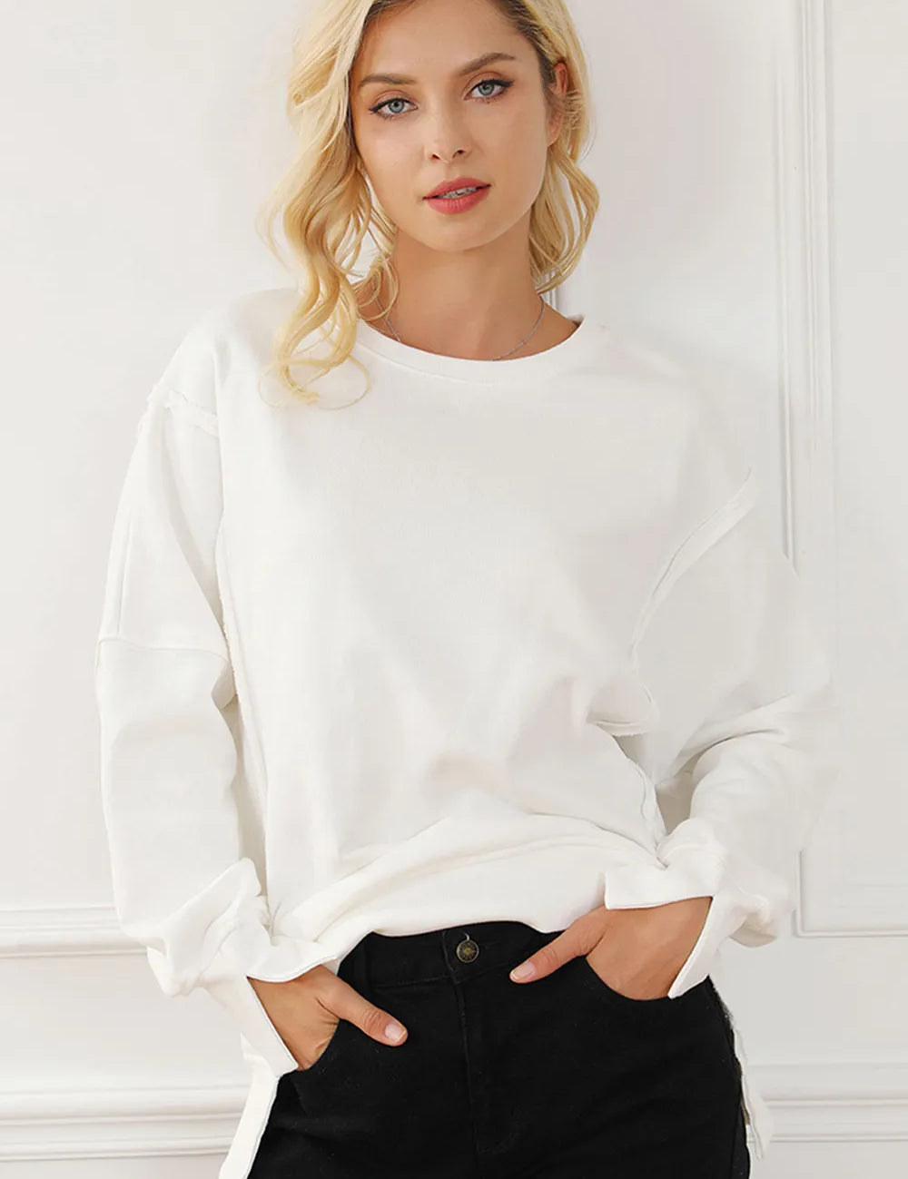 White One Size Exposed Seam High-Low Long Sleeve Sweatshirt | Daverri Fashions