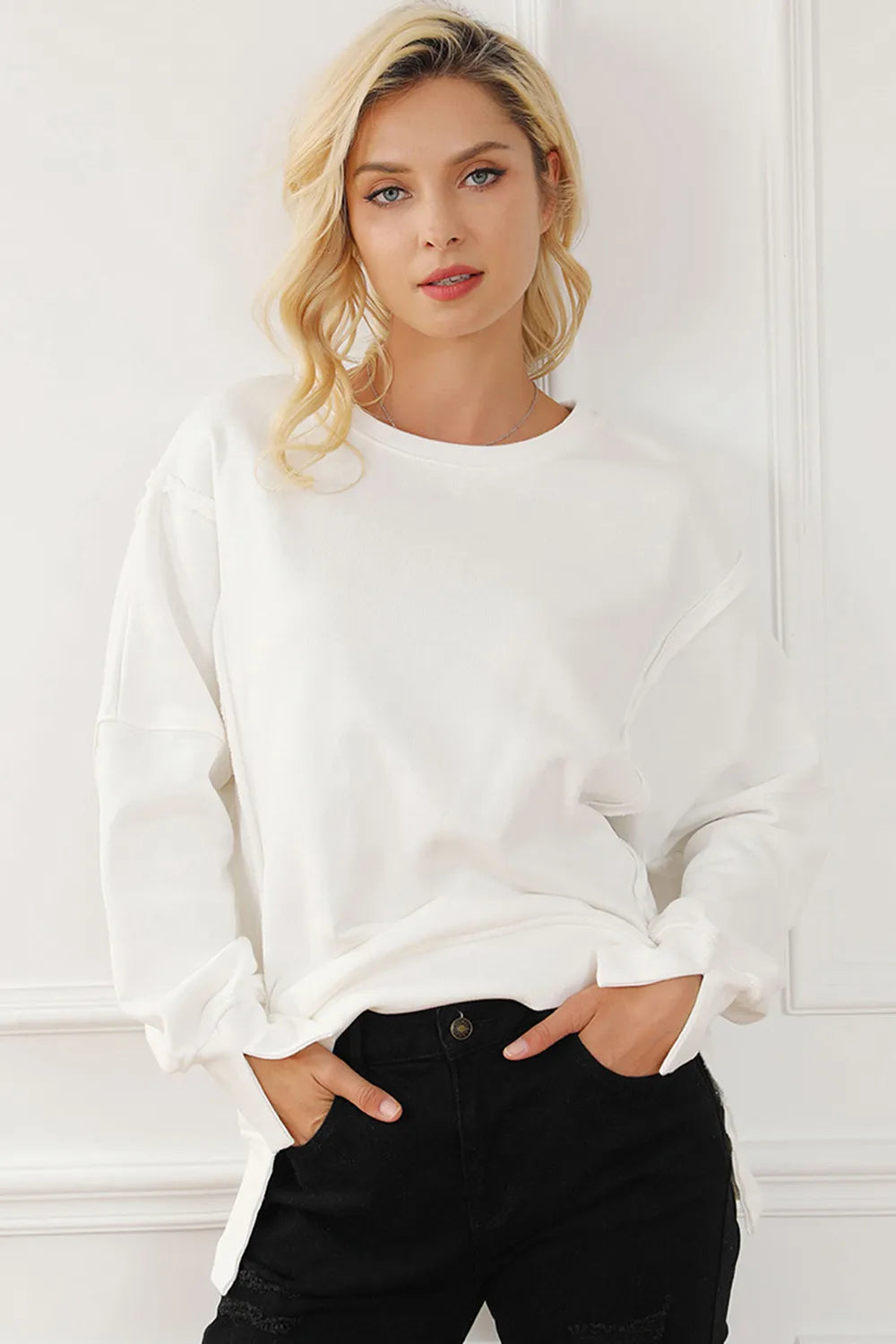 White One Size Exposed Seam High-Low Long Sleeve Sweatshirt | Daverri Fashions