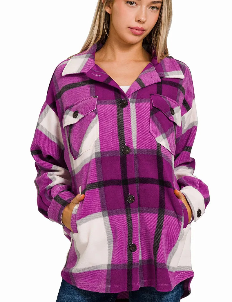 LT PLUM Zenana Oversized Plaid Fleece Shacket | Daverri Fashions