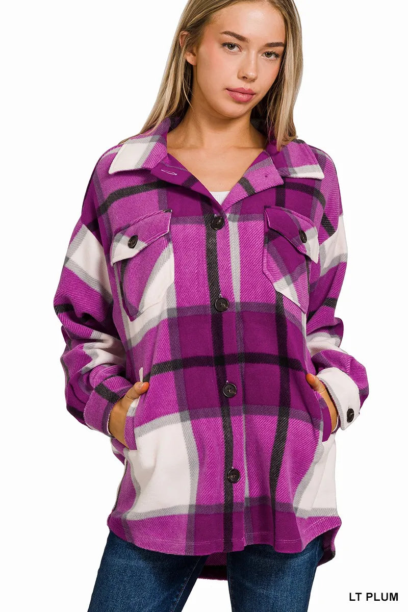 LT PLUM Zenana Oversized Plaid Fleece Shacket | Daverri Fashions