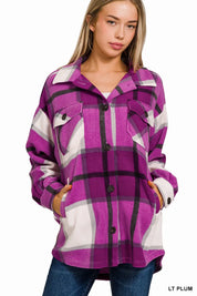 LT PLUM Zenana Oversized Plaid Fleece Shacket | Daverri Fashions