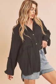 Aemi + Co Raw Edge Exposed Seam Collared Neck Long Sleeve Shirt | Daverri Fashions
