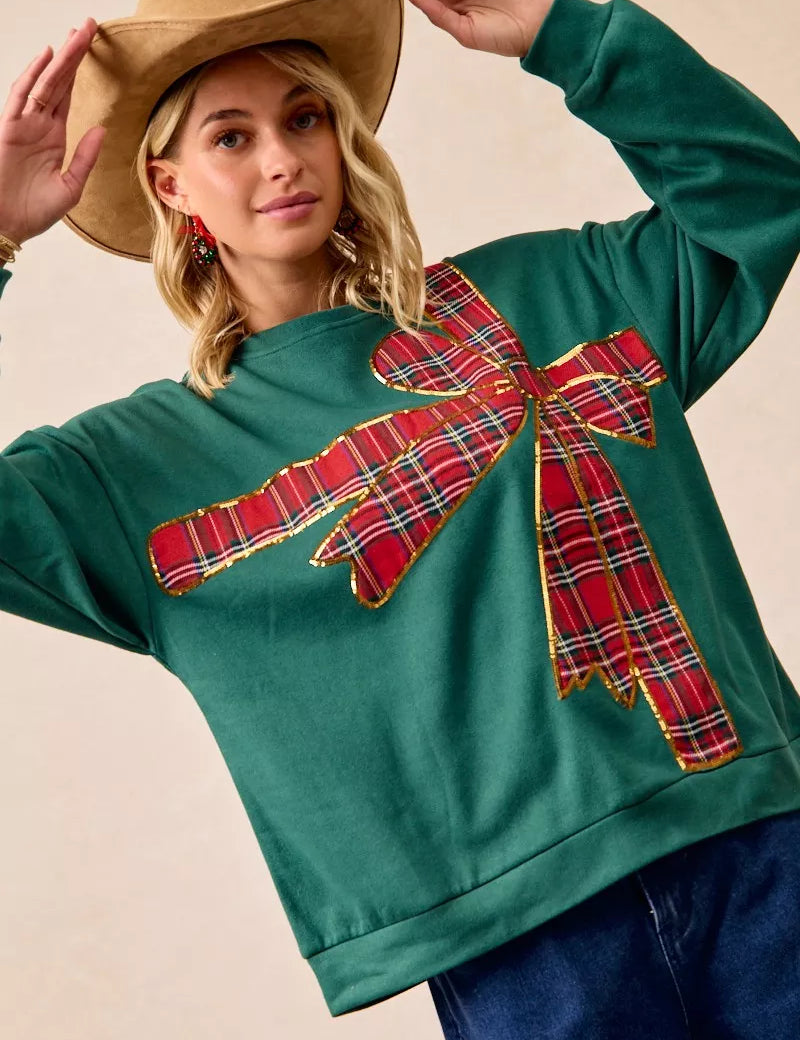 BiBi Plaid Ribbon Bow Detail Christmas Fleece Pullover | Sweatshirts Daverri Fashions