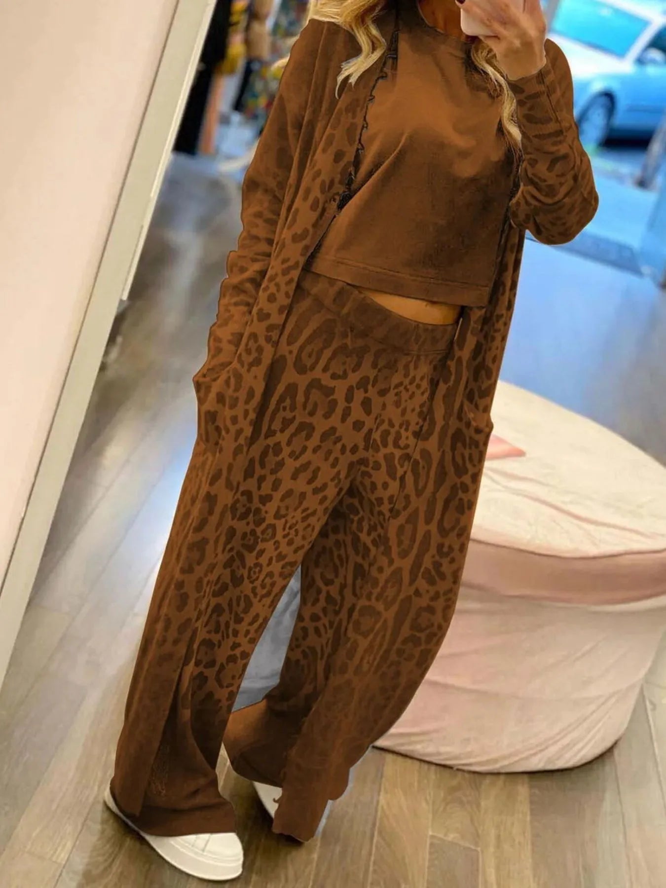 Brown Long Sleeve Leopard Print Longline Top and Pants Set | Loungewear Sets Daverri Fashions