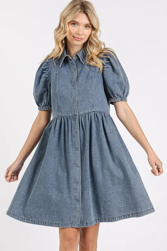 Mittoshop Button Down Puff Sleeve Denim Dress | Daverri Fashions