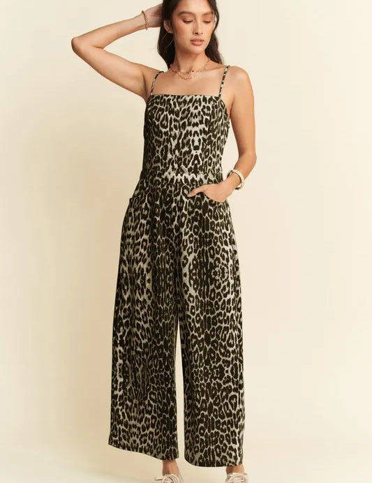Mocha Leopard Davi & Dani Leopard Spaghetti Straps Wide Leg Jumpsuit | Jumpsuits Daverri Fashions
