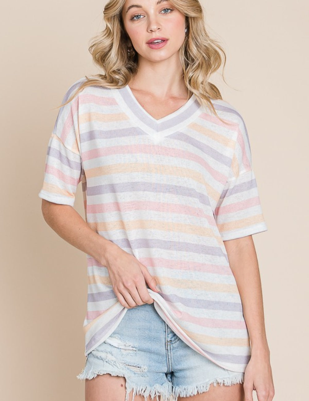 Stripe BOMBOM Striped V-Neck Short Sleeve T-Shirt | Daverri Fashions