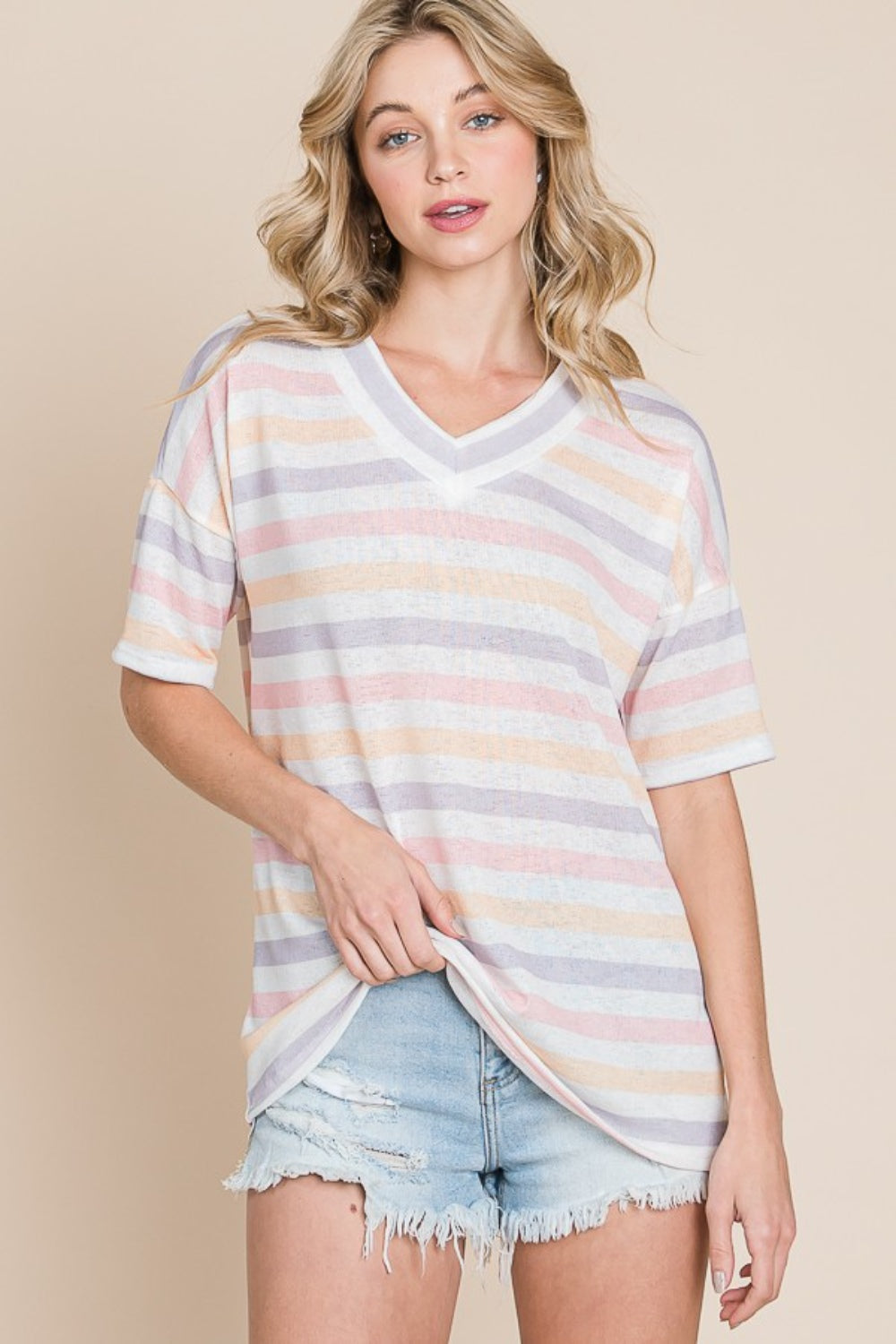 Stripe BOMBOM Striped V-Neck Short Sleeve T-Shirt | Daverri Fashions