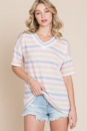 Stripe BOMBOM Striped V-Neck Short Sleeve T-Shirt | Daverri Fashions